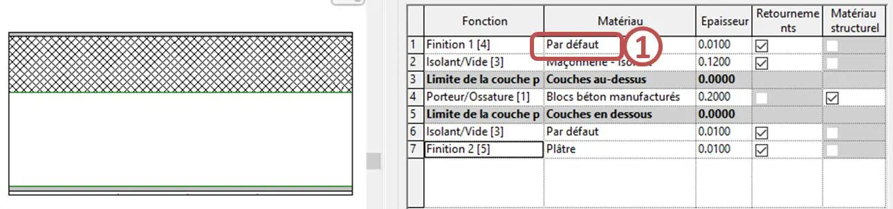 Clic sur le choix du matériau de la couche bardage bois dans la boîte Modifier l'assemblage