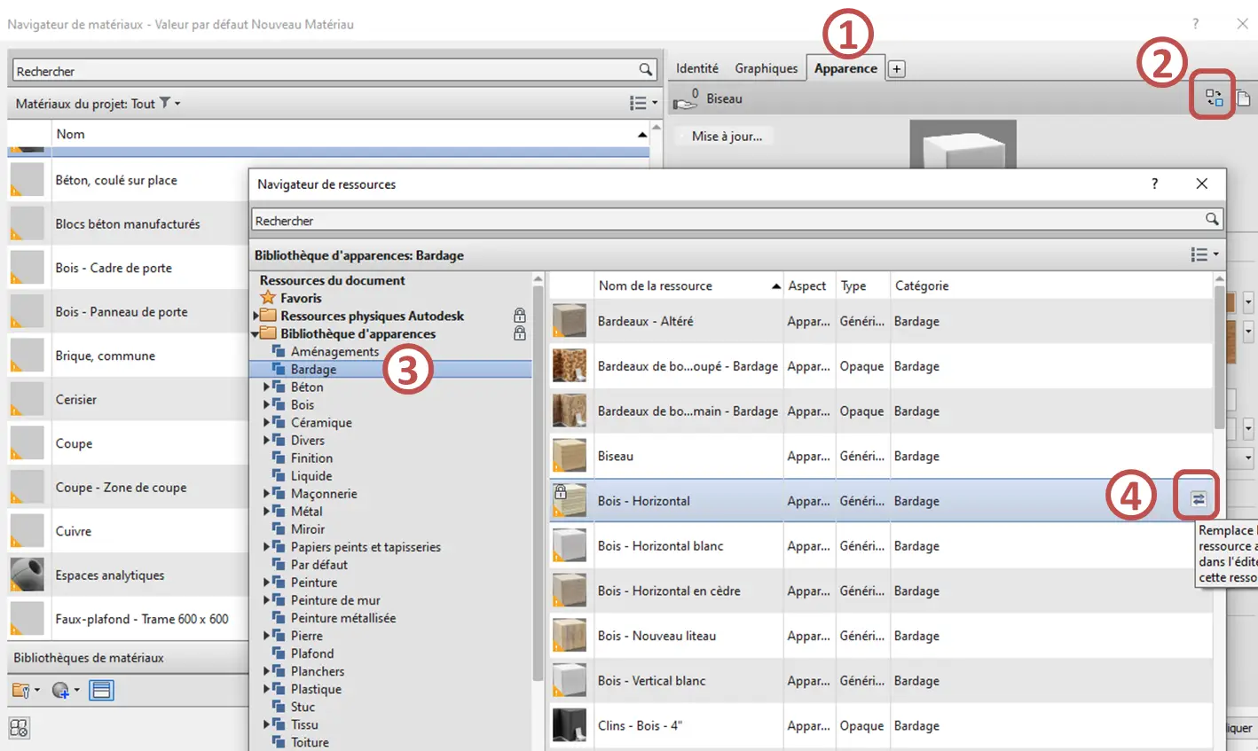 Onglet Apparence du matériau bardage bois – navigateur de ressources Revit