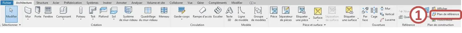 Outil Plan de référence dans l'onglet Architecture – panneau Plan de construction