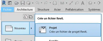 Menu FICHIER → NOUVEAU → PROJET dans Revit 2021