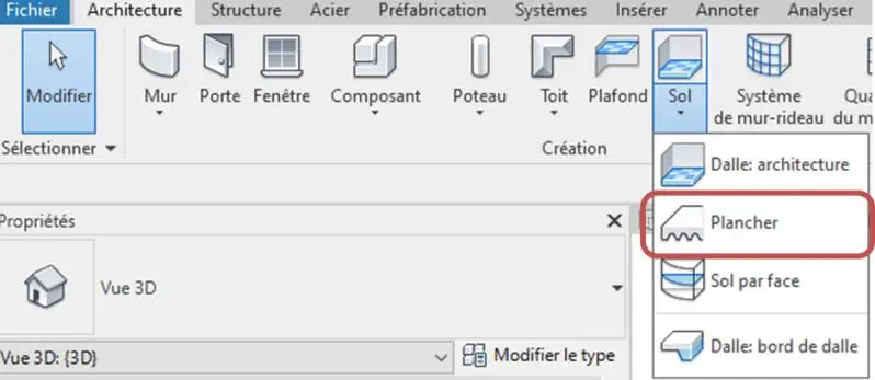 Onglet ARCHITECTURE → SOL → PLANCHER dans Revit pour créer le dallage garage