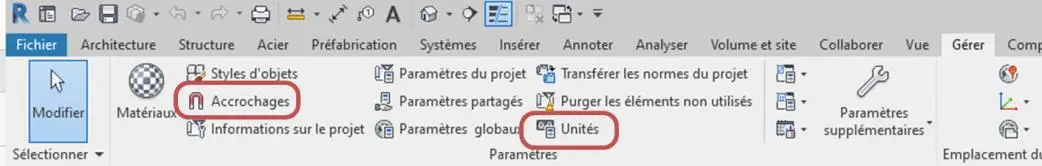 Onglet GÉRER → UNITÉS dans Revit pour vérifier les unités de travail du projet