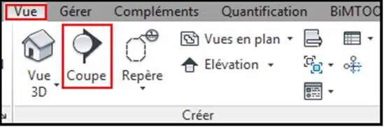 Onglet VUE → COUPE pour créer une coupe longitudinale dans Revit