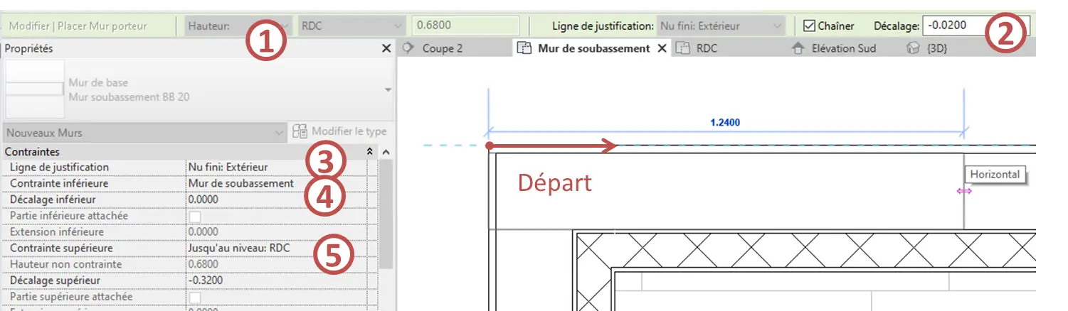 Paramètres de tracé du mur de soubassement – hauteur, décalage, nu fini extérieur