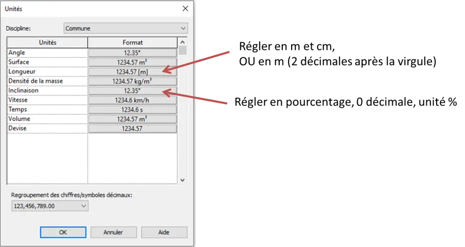 Boîte de dialogue des unités de travail Revit – paramètres longueur et superficie