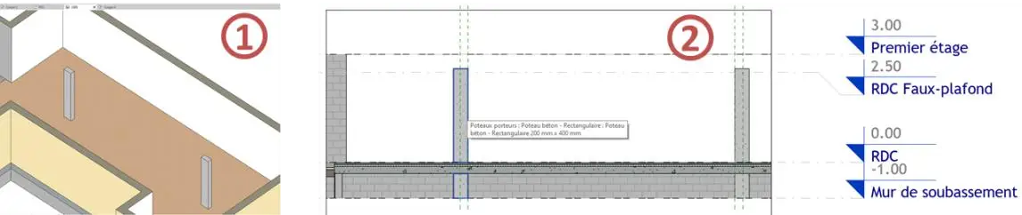 Coupe transversale de contrôle du positionnement des poteaux en 3D