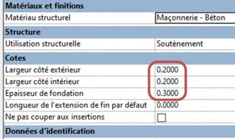 Paramètres de la semelle filante Soubassement 20 cm/20 cm x 30 cm dans Revit