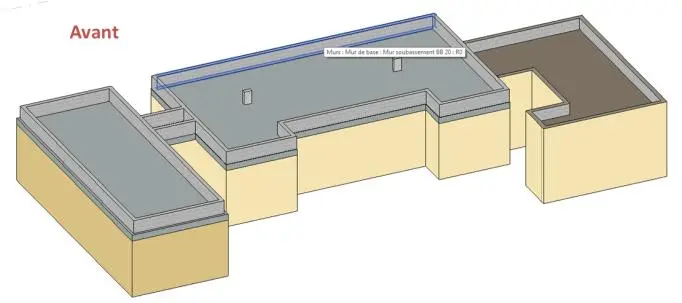Vue 3D des semelles filantes sous les murs de soubassement de la Villa Lisa