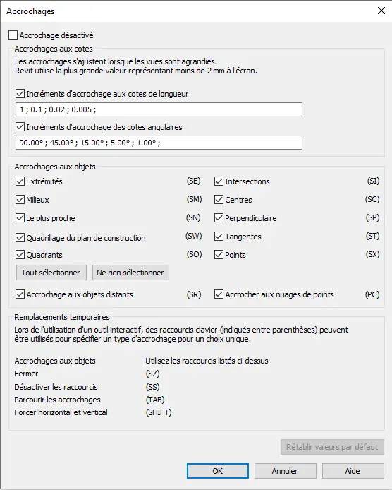 Onglet GÉRER → ACCROCHAGES dans Revit 2021 – paramètres d'accrochage