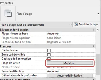 Propriétés du plan → Etendues → Plage de la Vue pour voir les fondations