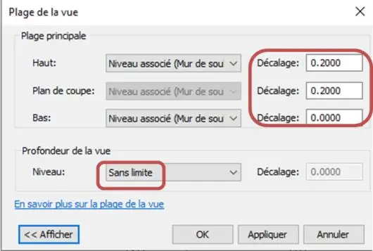 Paramètres de la plage de vue du niveau Mur de soubassement dans Revit