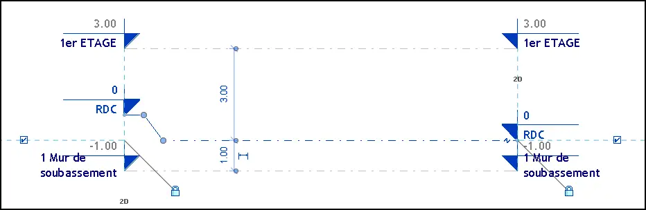 Élévation Est avec les 3 niveaux du gabarit architectural à modifier dans Revit