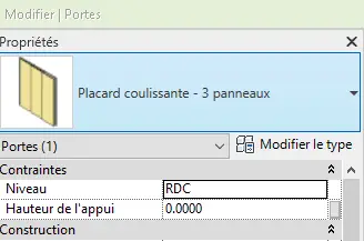 Placard coulissante 3 panneaux chargée dans le projet Revit de la Villa Lisa