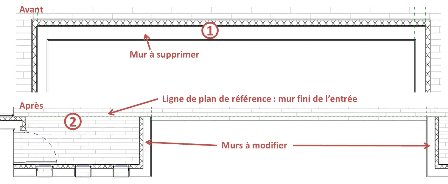 Suppression du mur de façade à remplacer par le mur rideau en vue 3D